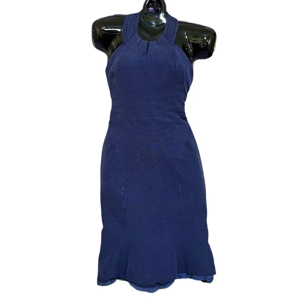 Zac Posen Navy Blue Halter-Neck Sheath Midi Mermaid Dress